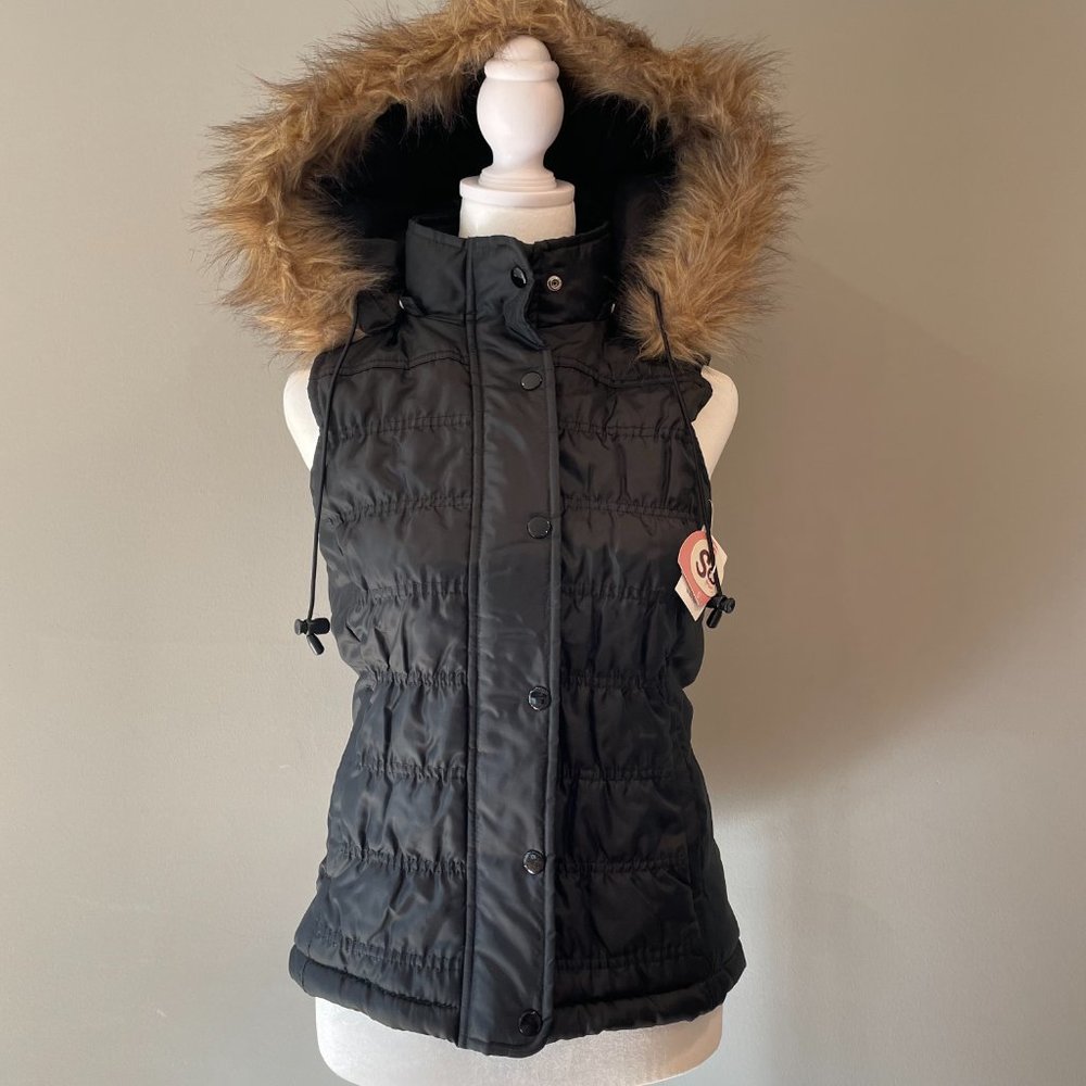 Quilted Puffer Vest with Detachable Hood with Faux Fur Trim by SO Womens Size S